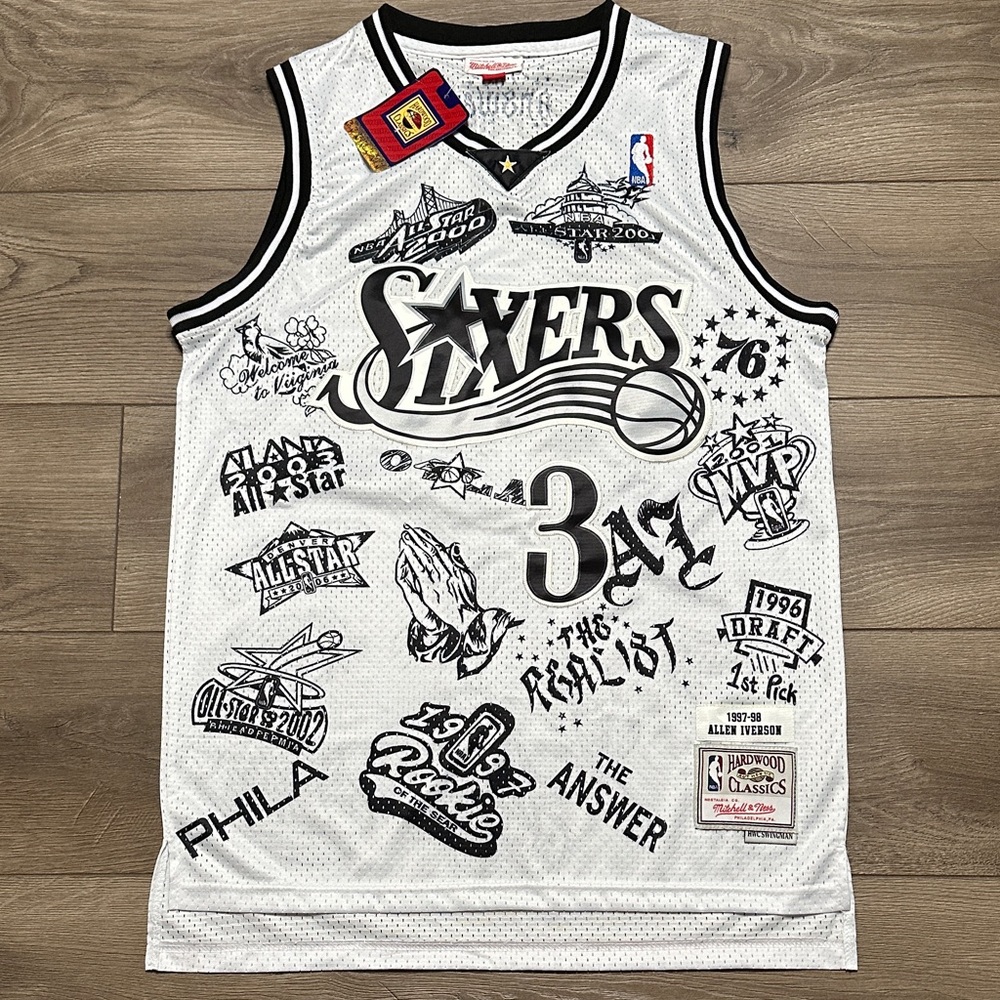 NBA Philadelphia 76ers #3 Allen Iverson White Tattoo Swingman 1997-98 Jersey M